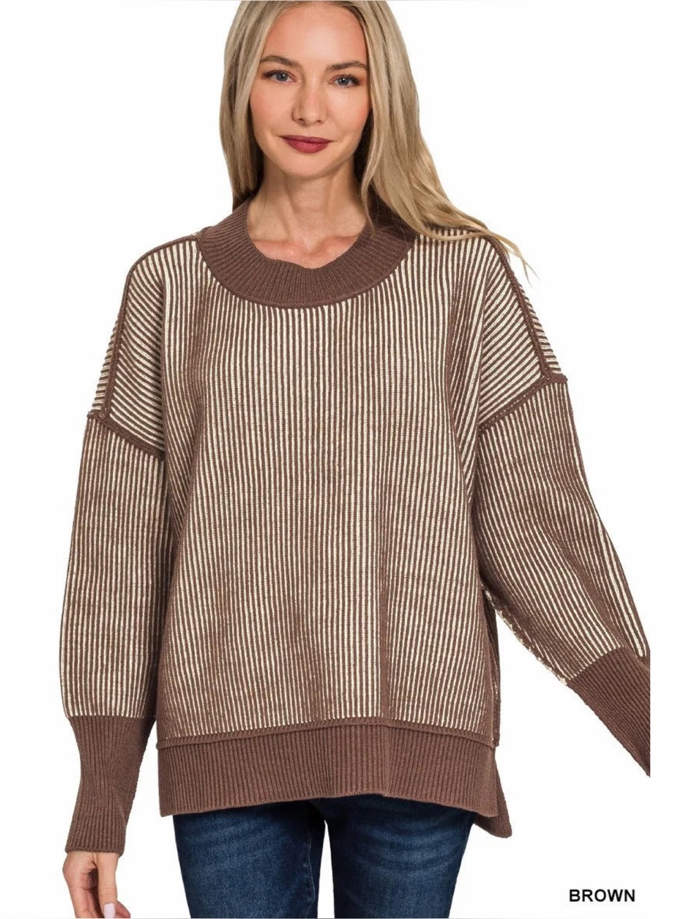 Very J Brown Exposed Seam Two Tone Ribbed Sweater!
